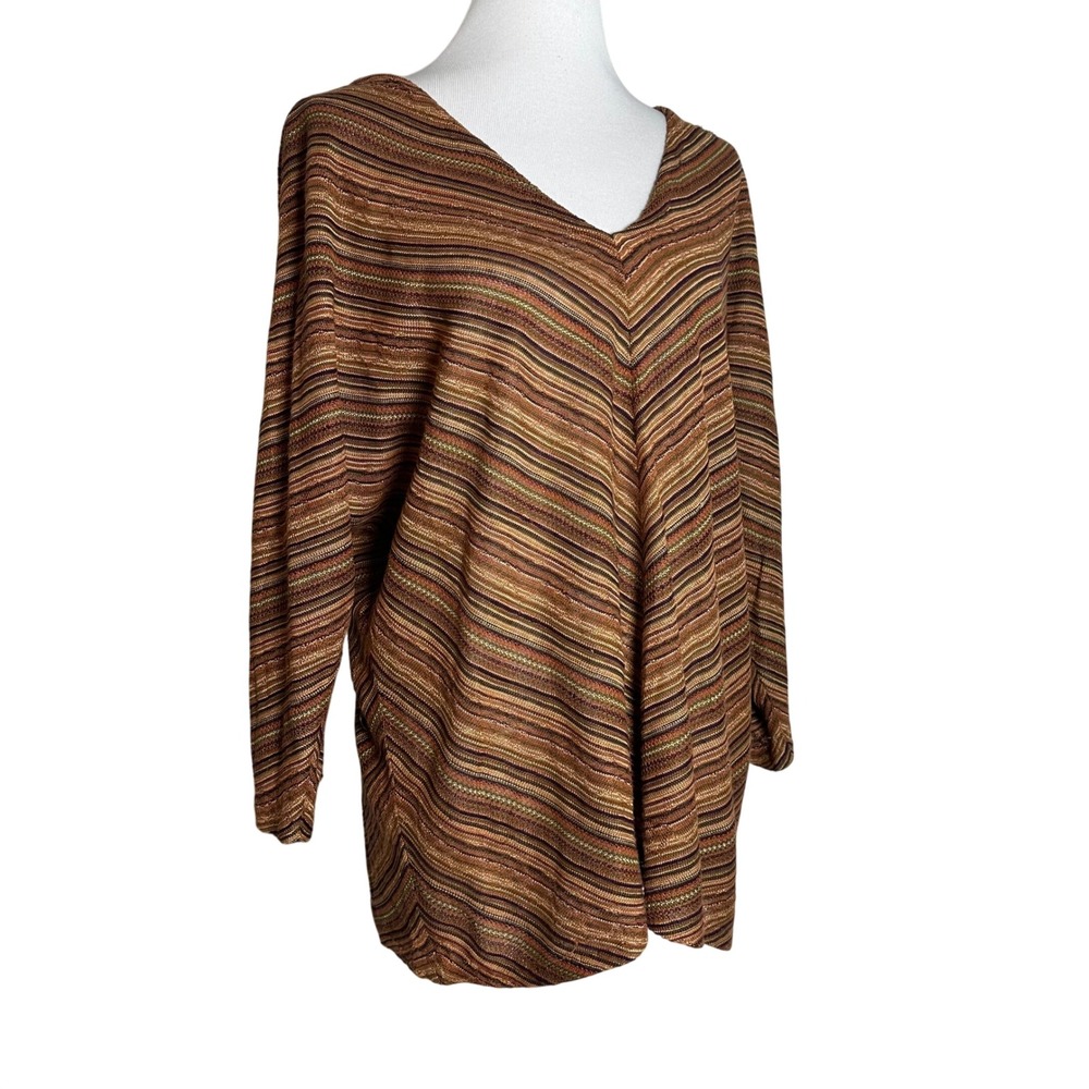 Lauren Ralph Lauren Linen Silk Chevron Stripe VNeck Tunic Sweater Brown Women XL